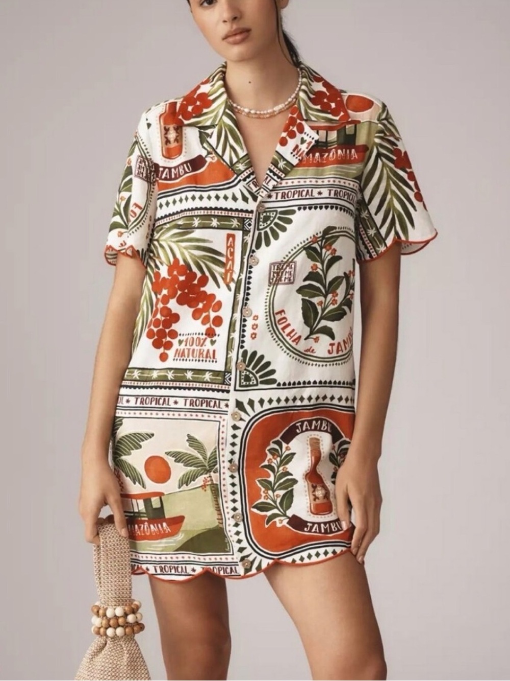 Farm Rio Anthropologie Cream Rust Tropical Scalloped Mini Shirt Dress NEW Small